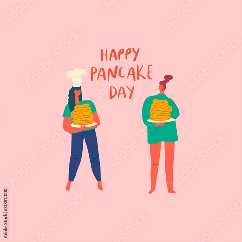 Stylized girls with ready-made pancakes. Hand drawn people and text