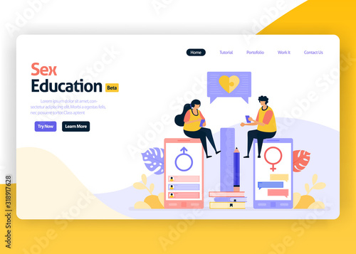 Vector illustration landing page for sex education for student and school. Reproduction and sexuality for teenagers. Safe relation with condom. Web, website, landing page, mobile app, flyer, banner