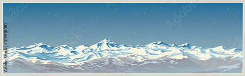 Mountain winter landscape with white peaks of mountains of panoramic and background type.