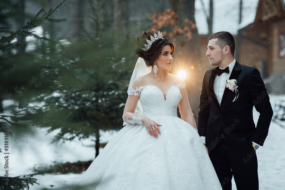 Handsome groom embacing his pretty bride. Happy wedding couple outdoors on winter day, handsome groom. Newlywed couple, man and wife kissing. Happy and smiling wedding couple. 
