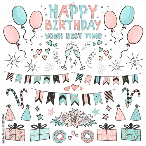 Hand drawn Birthday doodle set of gifts, balloons, flags, stars, salutes, party hats and other. Illustration vector icons for Birthday, baby room, greeting card, invitation, wallpaper, wrapping paper
