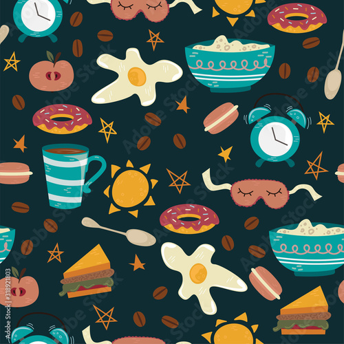 Vector seamless pattern with breakfast symbols. Morning coffee.