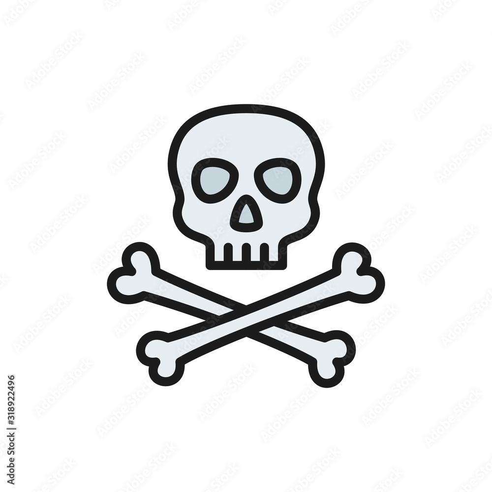 Pirate skull with crossbones flat color line icon.