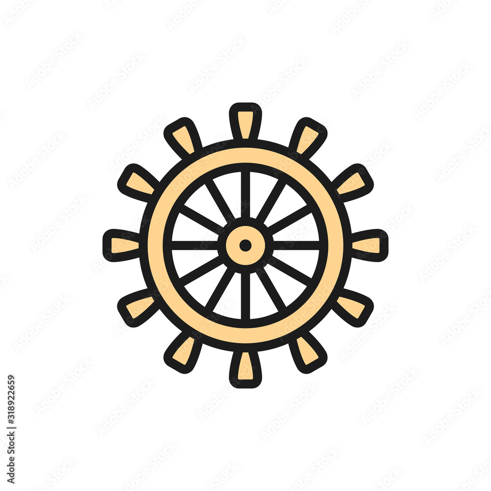 Obraz premium Ship steering wheel, rudder, helm flat color line icon.