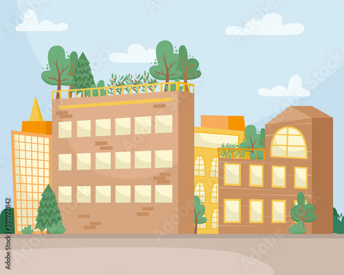 Beds with seedlings for growing vegetables on the roof of a building. Environmental consumption. Farm city.