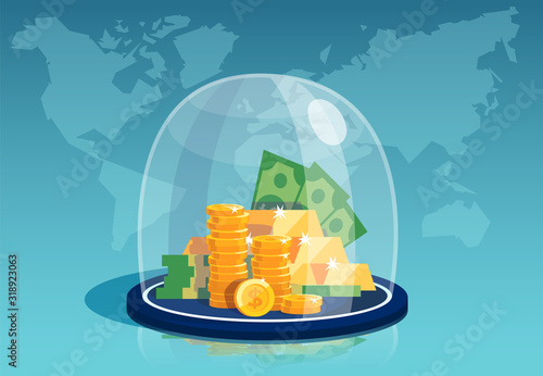 Vector of dollar banknotes and gold coins under a glass dome