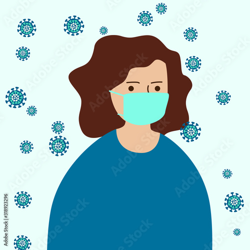 Girl doctar in medical mask. Viruses around. Vector illustration.