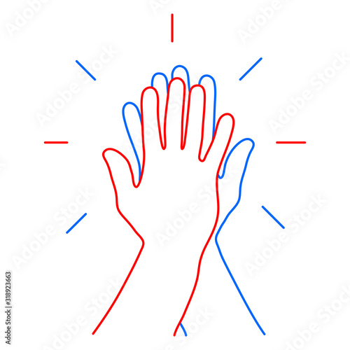 Informal greeting, two hands giving a high five, team result, friendly partners from the contour red and blue lines. Vector illustration.