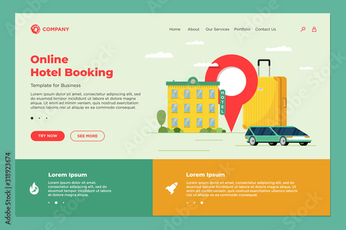 Hotel booking and car sharing online service for vacation tourism landing page template. Travel apartment transport reservation web design. Motel baggage suitcase and location pin illustration
