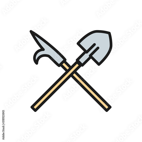 Fire gaff with shovel, firefighter equipment flat color line icon.