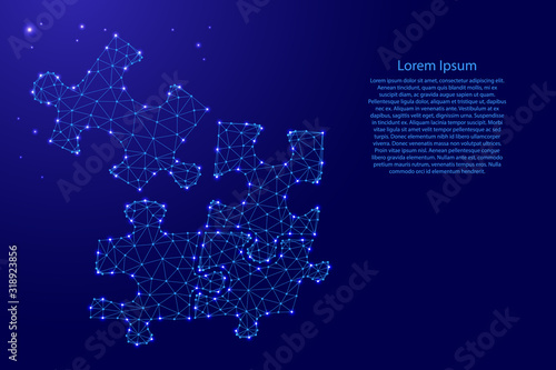 Puzzle teamwork from futuristic polygonal blue lines and glowing stars for banner, poster.  Connecting puzzle pieces, business office workers team cooperation, partnership concept.