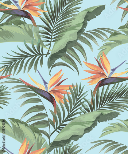 Exotic tropical flowershibiscus palm leaves pattern seamless.