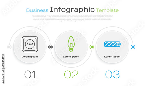 Set line Electrical outlet, Light bulb and Electric extension cord. Business infographic template. Vector