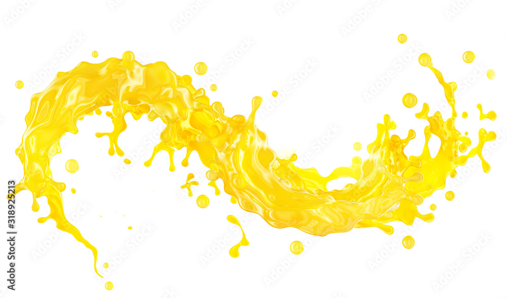 Sweet fresh yellow fruit juice smoothie 3D splash. Fruits juice splashing: orange, mango, lemon, citrus, pineapple, peach, banana, tangerine juice in wave form isolated. Healthy juice drink ad design - obrazy, fototapety, plakaty 