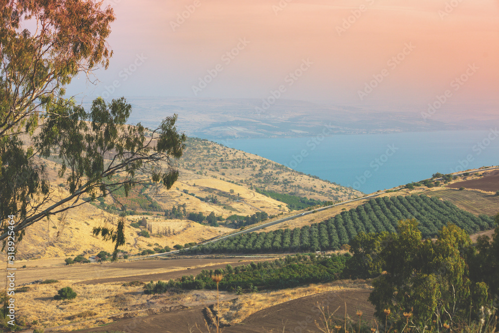 View from the hill of the Sea of Galilee, Tiberias, Israel