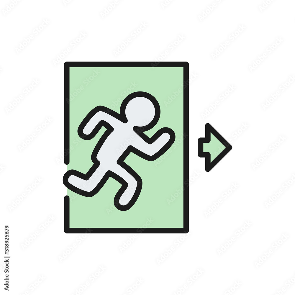 Emergency exit, man running out sign flat color line icon. Emergency exit, man running out sign flat color line icon.