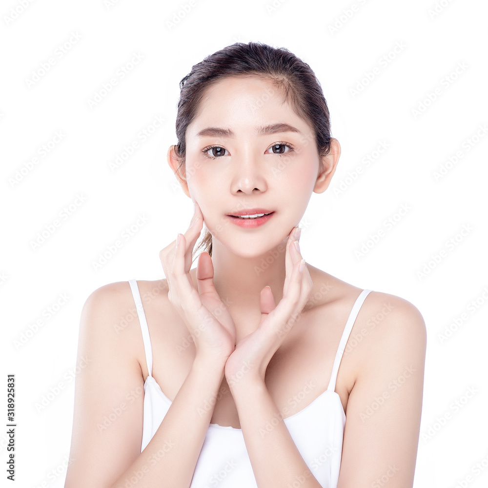 Asian woman poses for healthy skin beauty in white isolated background. Cosmetic, skincare, surgery concept Asian woman poses for healthy skin beauty in white isolated background. Cosmetic, skincare, surgery concept