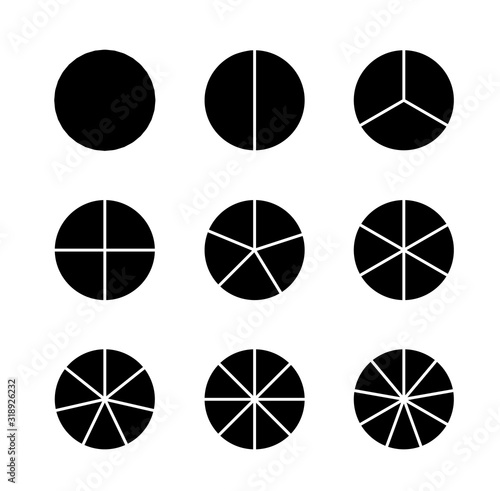 Circle segments set. Infographic vector illustration. Various number of sectors divide the circle on equal parts. Black flat fill