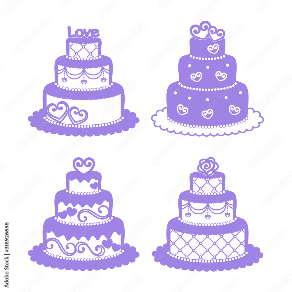 Set of wedding cakes with openwork decor. Decorative elements for festive design, wedding, holiday greeting card, wedding pastry shop