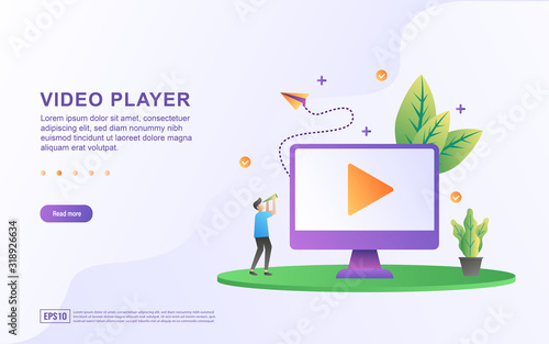 Video player flat design concept. People play videos. Watch live broadcasts. Watch the tutorial video. Can use for web landing page, marketing material, mobile app, web banner. Vector Illustration