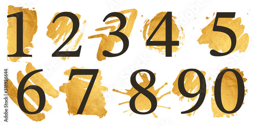 Hand painted watercolor abstract gold numbers art.