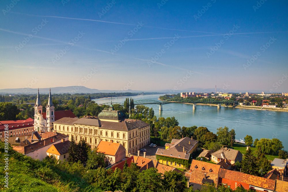 View of the historic town from the Esztergom basilica in Hungary. The Danube river and the border bridge to the town of Sturovo in Slovakia.