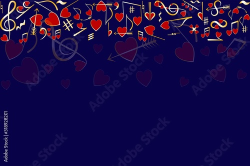 Music notes and hearts. Abstract.Music notes are drawn in the form of hearts.Hearts are red, contour is a golden gradient. The background is dark blue. Place for text. Design element. Vector illustrat