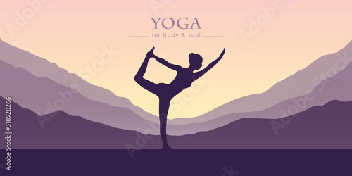 girl makes yoga mountain view purple landscape vector illustration EPS10