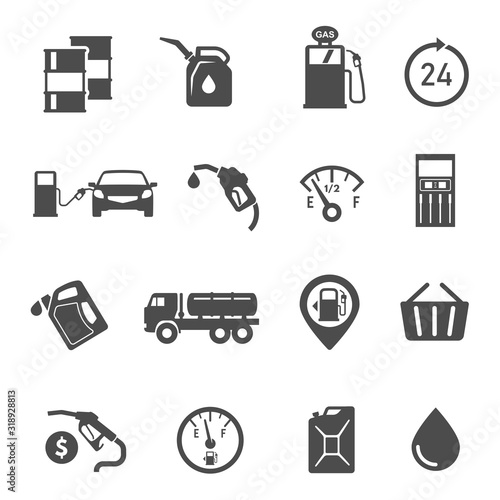 Gasoline station items, refueling equipment glyph icons set