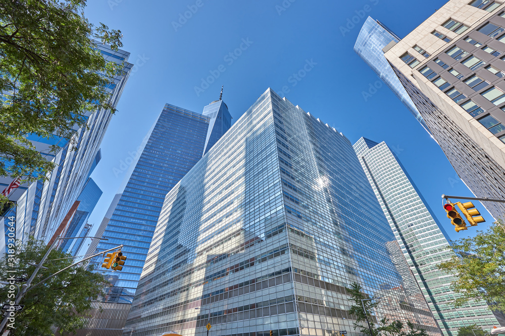 Wide shot of the cluster of high and modern buildings in New York Wide shot of the cluster of high and modern buildings in New York