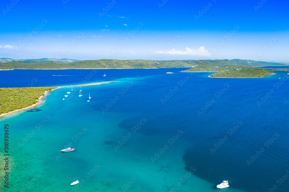 Croatia, beautiful Adriatic sea paradise, archipelago on the island of Dugi Otok in Croatia, aerial seascape, yachts anchored in blue bay