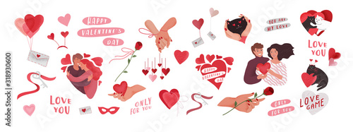 Valentines Day greeting elements set for card or poster Hearts, envelope, happy romantic couple, woven hands, key of heart, lettering typography. Flyers, invitation. Vector design concept