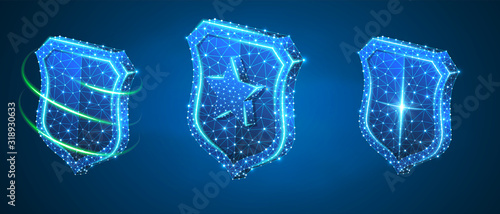 Shield with a star, abstract safety set. Low poly, wireframe digital, 3d vector illustration. Security, password, privacy protection concept image, on blue neon background. Abstract polygonal sign