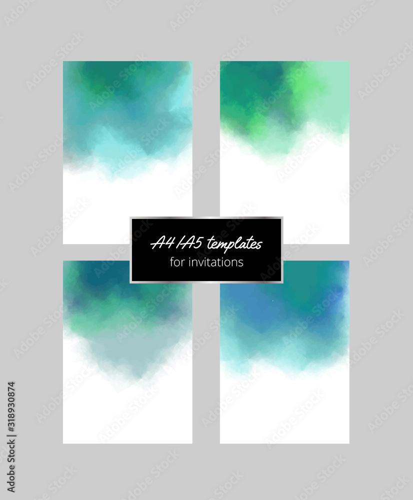 Set of elegant watercolor templates with green and blue stains. A4/A5 layouts for invitations, cards, posters. Vector illustration