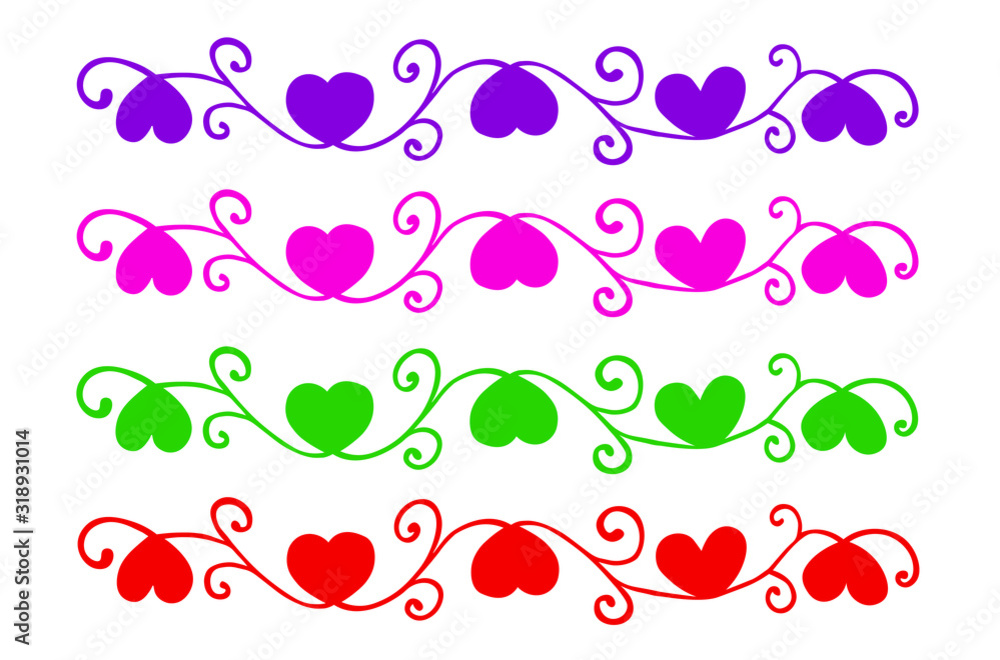 Set of vector doodle borders with hearts