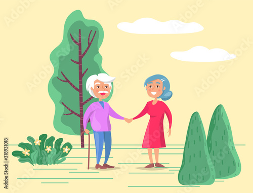 Grandparents strolling together in park or countryside. Man walk with stick and woman help him in it. Grandfather and grandmother happy to spend time together. Vector illustration in flat style