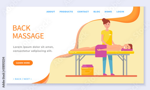 Masseuse massaging back of client in spa salon. Heath and body treatment. Therapy and relaxation, cosmetic procedure performed by specialist. Website or webpage template, landing page vector in flat