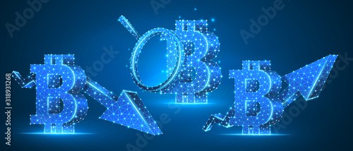 Bitcoin analytics, growth and downtrend arrow symbols set. Low poly, wireframe, digital 3d vector illustration. Abstract polygonal Web Money analysis and flow concept, image on blue neon background