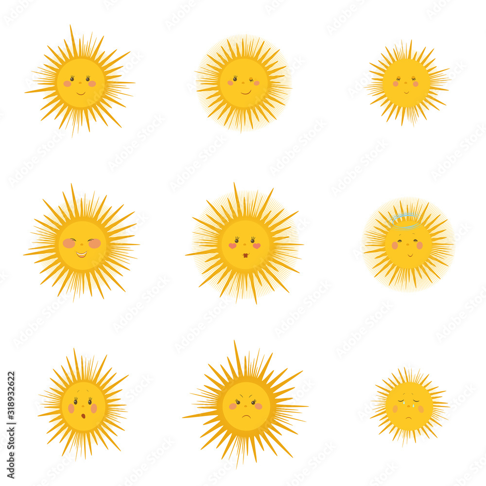 Set of funny cute sun on white background. Hand drawn vector illustration. Cute sunny characters. Kids illustration. Print design. Cartoon characters. Collection of different emotions. Set of funny cute sun on white background. Hand drawn vector illustration. Cute sunny characters. Kids illustration. Print design. Cartoon characters. Collection of different emotions.