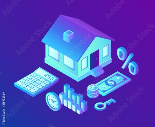 Mortgage concept. House loan or money investment to real estate. Property money investment contract. Buying Home. Calculation home mortgage rate. 3D isometric vector illustration.