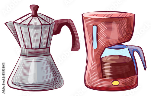 Equipment for making coffee vector, isolated icons of moka pot made of metal. Coffeemaker with glass container jar for hot beverage coffeepot brewing
