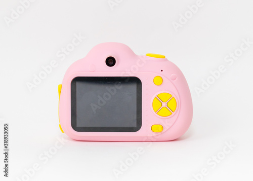 Pink and yellow Camera, kids toy on the white background - Image