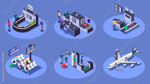 Airport isometric color vector illustrations set. Travelers using airline company services 3d concept isolated on blue background. Check in counter, luggage scanner and security checkpoint