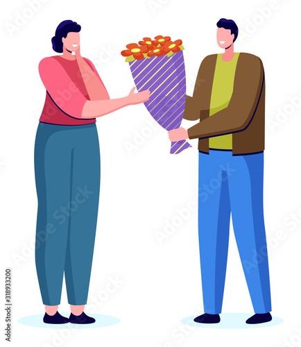 Man giving bouquet to impressed woman, people romantic day. Boyfriend and girlfriend in casual clothes holding flowers. Meeting of couple and natural gift for female, dating or birthday holiday vector