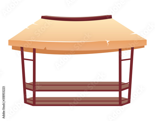 Outdoor street market awning cartoon vector illustration. Empty summer marketplace stall, counter flat color object. Blank fair, souk tent, canopy with table, commercial equipment isolated on white