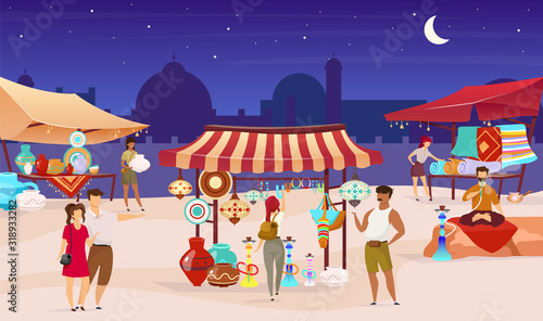 Tourists at night turkish bazaar flat color vector illustration. Arabic street market. Trade awnings with carpets. Travelers buying souvenirs faceless cartoon characters with mosque on background