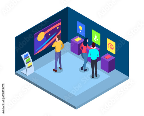 Art gallery isometric vector illustration. Museum interior with masterpieces, wall abstract pictures, contemporary exhibits. Visitors at artistic exhibition flat characters. Art 3d exposition