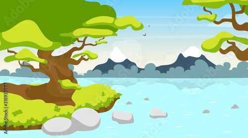 Forest river flat vector illustration. Lake in woods. Tropical water body. Panoramic scene with trees on shore. Riverside  riverbrook. Exotic amazon stream. Watercourse cartoon background