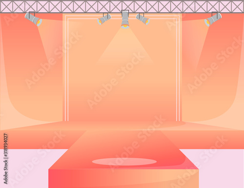 Orange runway platform flat color vector illustration. Empty podium stage. Catwalk with spotlights. Fashion week demonstration area. Presentation of new collection. Fashion shows background
