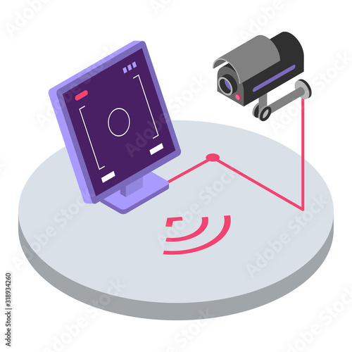 Security system isometric color vector illustration. Surveillance camera remote control and monitoring. CCTV video observation, home protection 3d concept isolated on white background